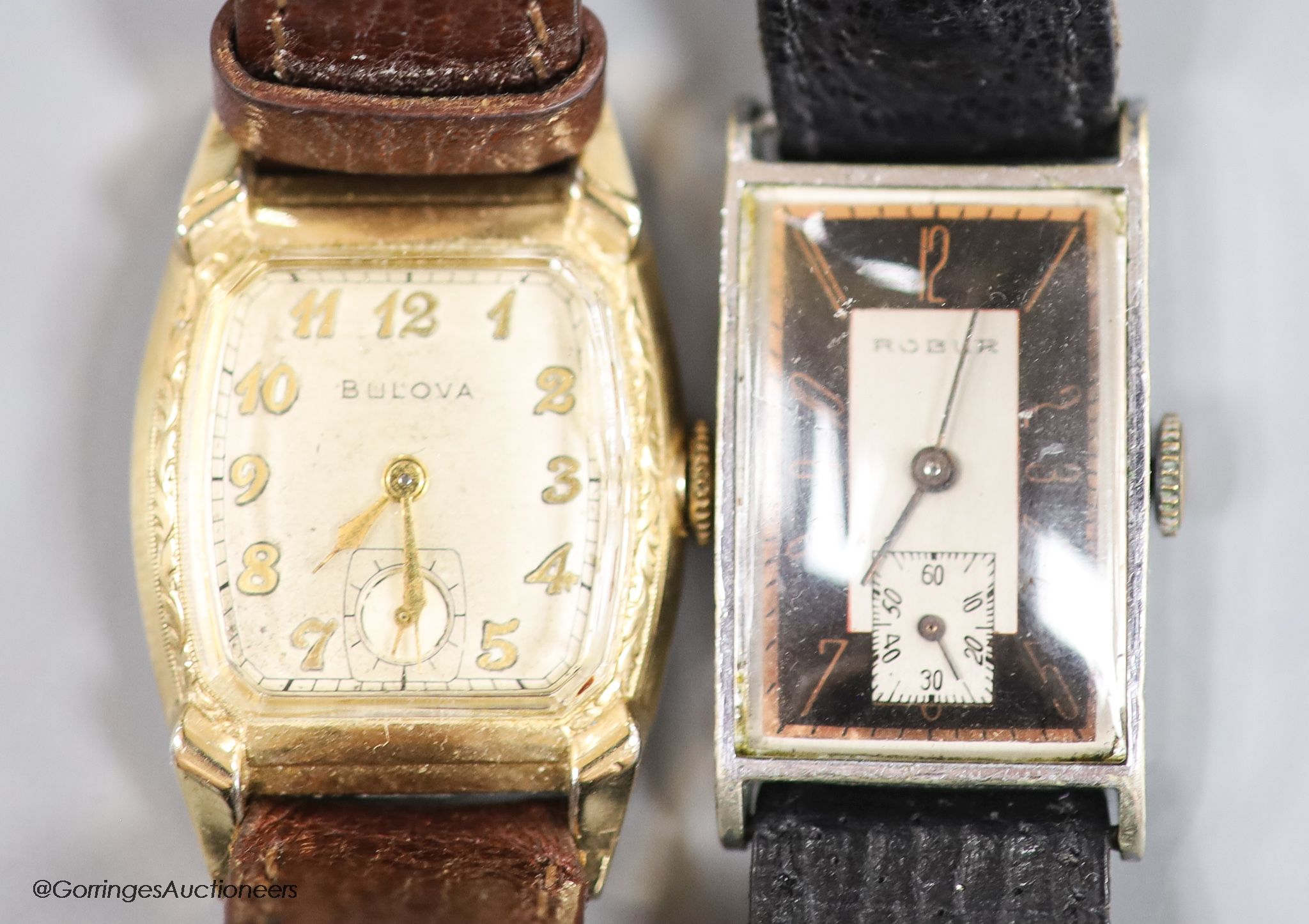 Two gentleman's mid 20th century manual wind wrist watches- gold plated and steel manual wind Bulova and a stainless steel Robur rectangular dial manual wind wrist watch.